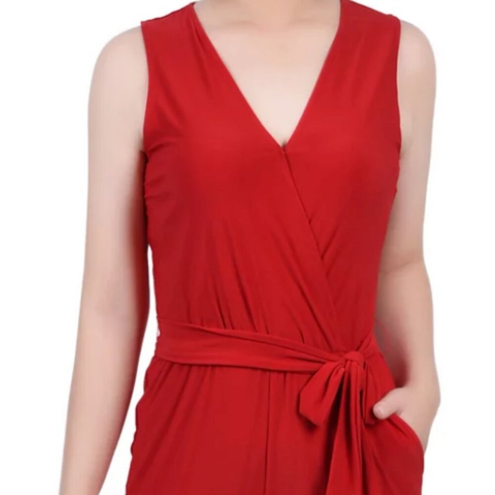 NY Collection Surplice Belted Red Wide-Leg Sleeveless Jumpsuit Petite Small